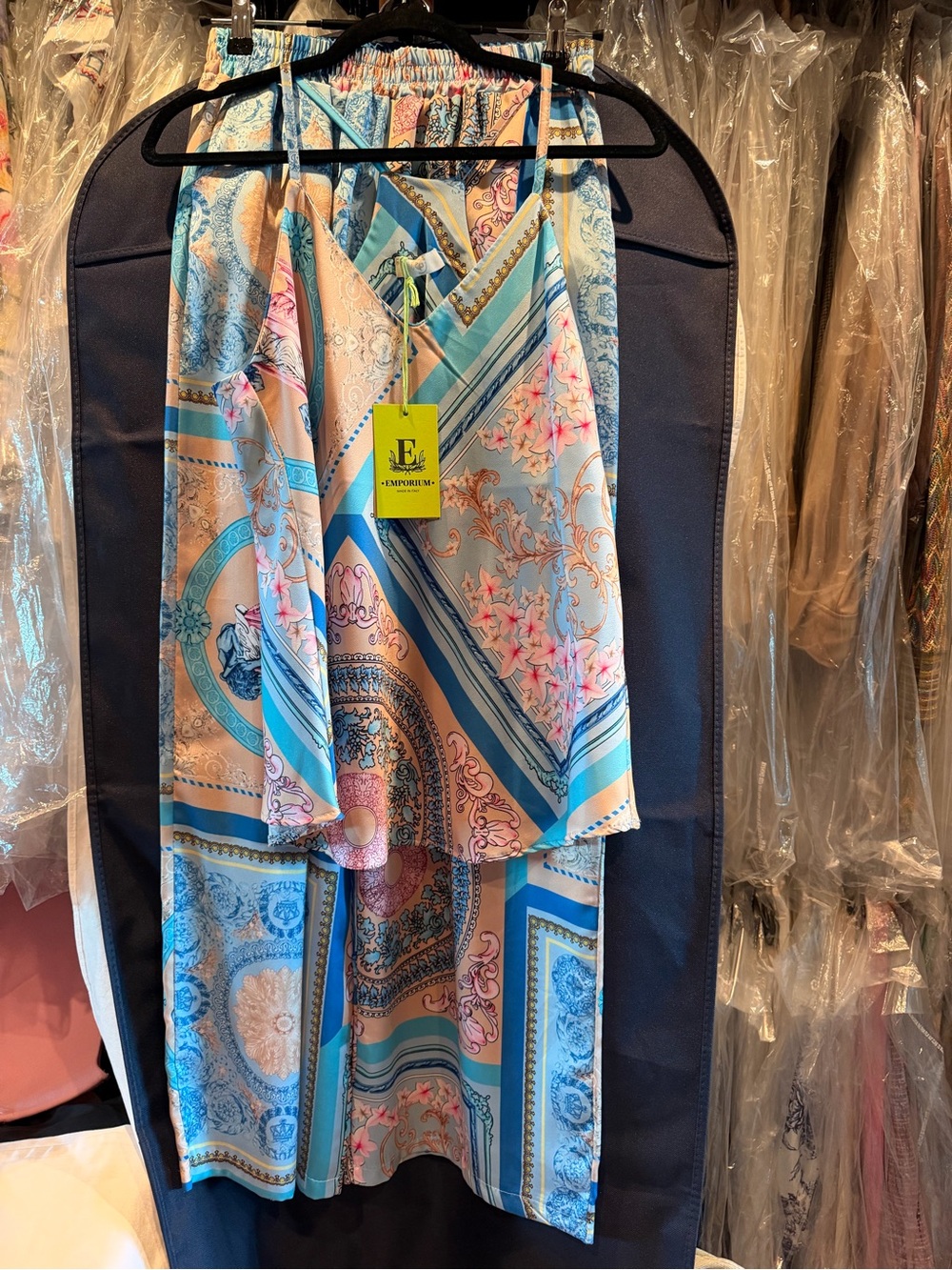 Emporium Blue & Pink Printed Satin Camisole and Wide Leg Pant Set, size 6 or S/M